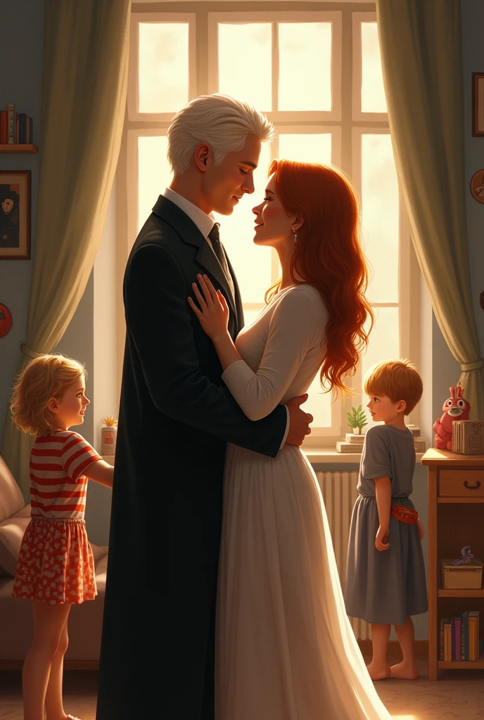 Draco Malfoy in a marriage with hermione granger with their kids around them