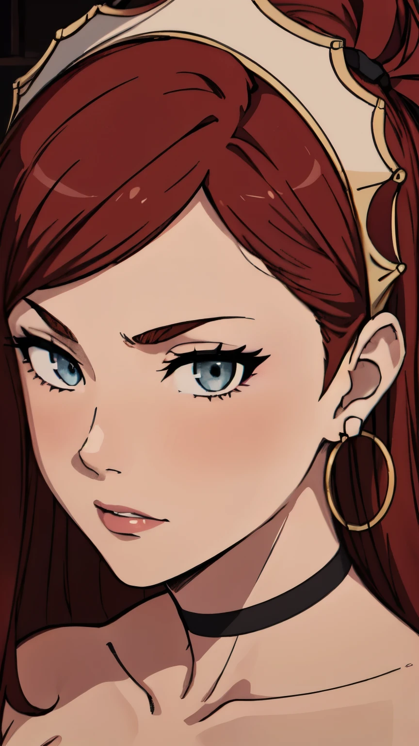 (Hilda), Pope, (milf), 1 girl, ((40 years)), (giant breasts), black crown, jewelry, hoop earrings, Red hair, swept bangs, blue eyes, (masterpiece:1.2, Best Quality:1.2, beautiful, high quality, High resolution:1.1, Aesthetic), detailed, extremely detailed, Soft ambient lighting, 4k, perfect lighting, perfect face, detailed face, Perfect eyes, full body shot, (student uniform:1.2, serafín, choker), naked