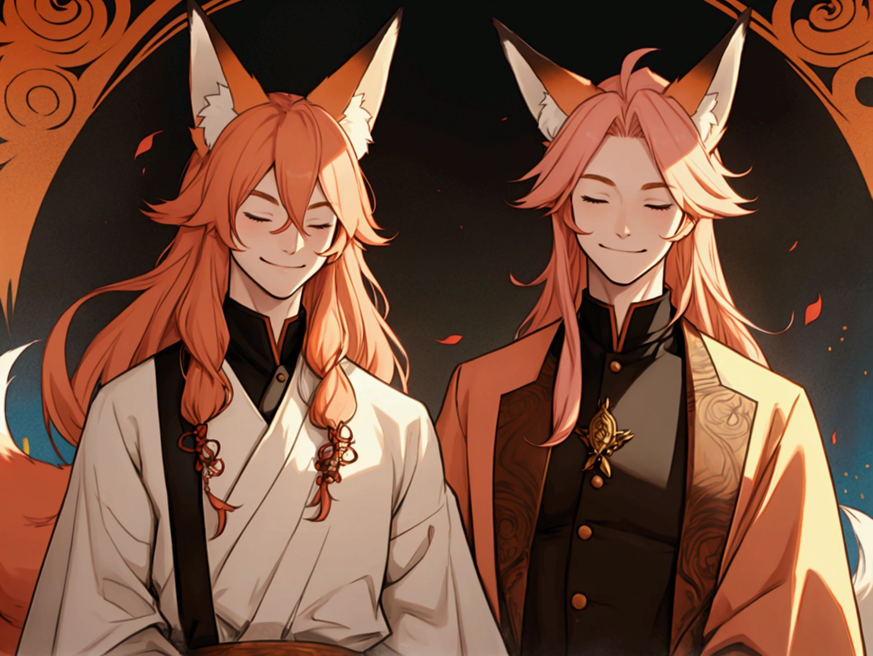 a man with long peach-colored hair and fox ears. smile. eyes are always closed
