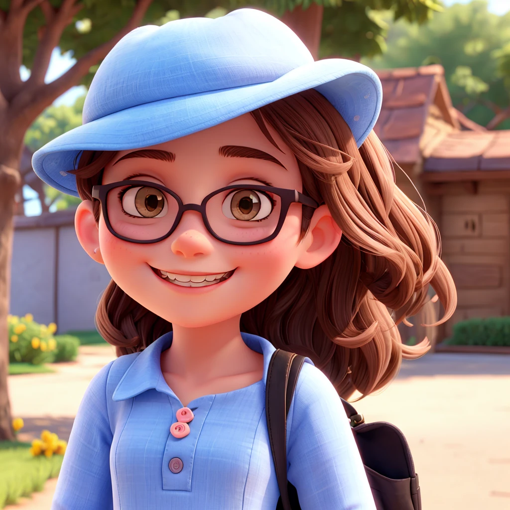 make girl with dress, sunglasses, hat, pointing to the side, smiling, in Disney style