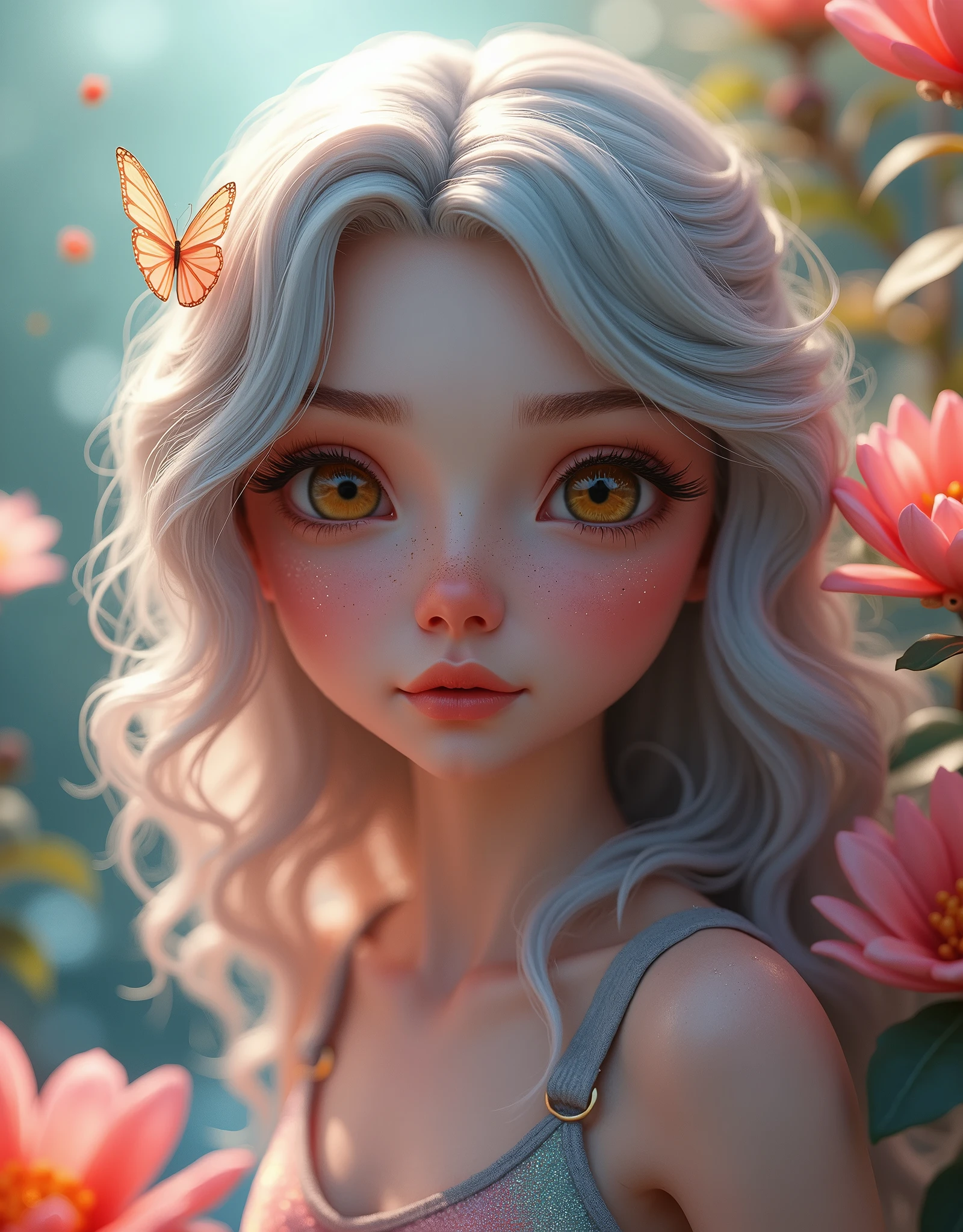 detail, Realism, 4K, , facial detailing, large yellow eyes, Plump lips, Upturned nose, Gray hair on pink hair, A Beautiful Mermaid 🧜♀️ , Flowers in the background, White butterfly in the foreground, Realistic shooting, depth of fields, Soft front light, Glow, nffsw (PastelColors: 1.2), Canon RF 100mm f2.8L 宏 IS USM