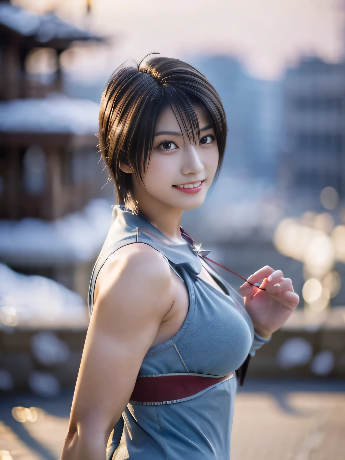 20 year old Japanese beauty,One woman、Muscular body like a bodybuilder、Emphasize the breasts、Slit eyes、A head-to-toe view,Bust is very very large、The background is a snowy country、High quality photos、Clear, crisp images of the lower body、Masterpiece 8k、Smiling、Throwing a shuriken with the right hand、From the front, from the side, from the back, etc.々from what camera angle to shoot、Light blue ninja costume