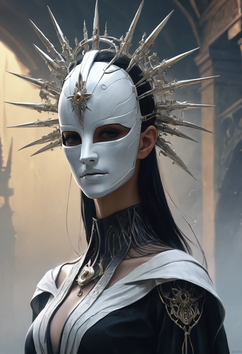 front view of a dark priestess holy cyborg necromancer girl wearing a white veil with a tiara and spiky crown on her head, symmetrical composition, oil painting style artstation concept character design in the style of James Gurney and Greg Rutkowski and Ross Tran, renaissance era ,cyberpunk art,gothic art,trending on Artstation,cgsociety,purism,faceless++ noface++ faceless ,no face ,faceless, featureless, non-anthropomorphized, blank, unmarked, anonymous, indistinct, undefined, vague, impersonal, expressionless, unidentifiable, characterless,formless, amorphous, nondescript, neutral, undifferentiated, abstract, generic, unspecified, uniform, simplistic, non-descript, bare, elemental ,shapeless, unformed, structureless, generalized, basic, unembellished, plain, minimalist, stark, unadorned, unelaborated, unornamented, unembodied,faceless++,bubble helmet,noface , cyborg, dark vibe, in the style of nicola samori,dark fantasy