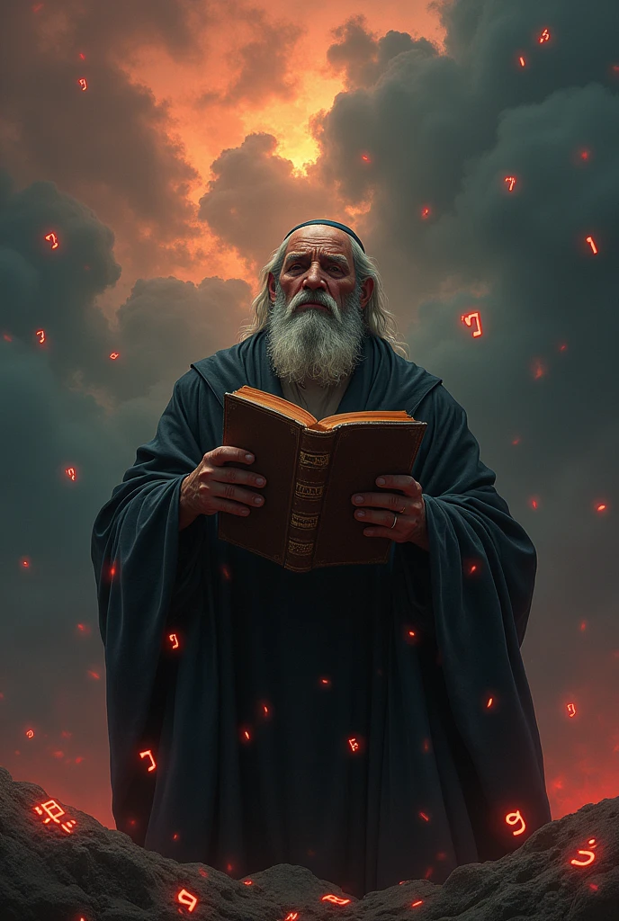 the rabbi with a worried look, holding a holy book. The sky may be cloudy rainy reddish. Hebrew letters falling to the ground with flashes of light floating