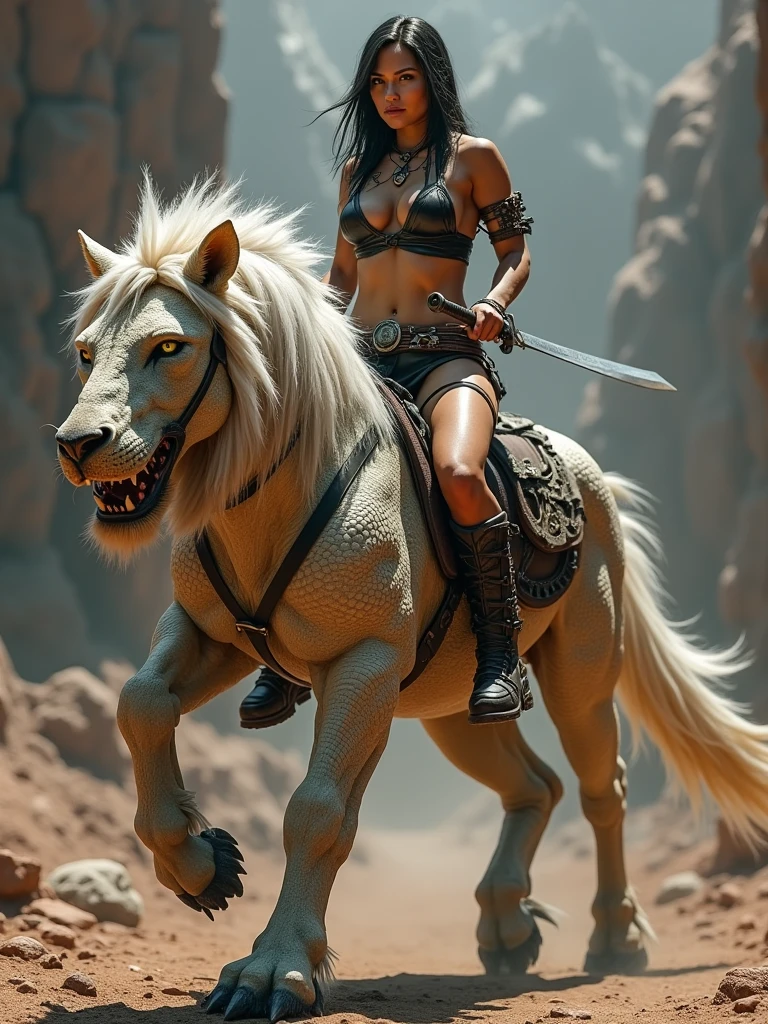 a female warrior in leather bikini riding an animal with the body of a horse that has eyes and mouth of crocodile and the feet of lion with white and dark orange fur