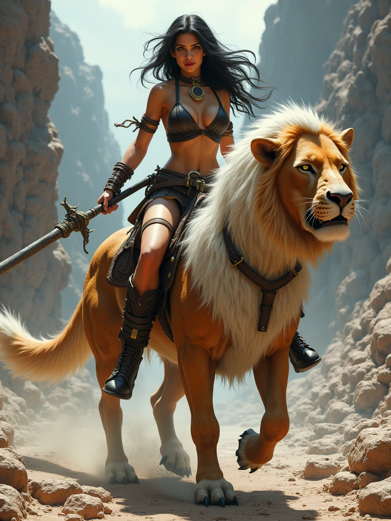 a female warrior in leather bikini riding an animal with the body of a horse that has eyes and mouth of crocodile and the feet of lion with white and dark orange fur