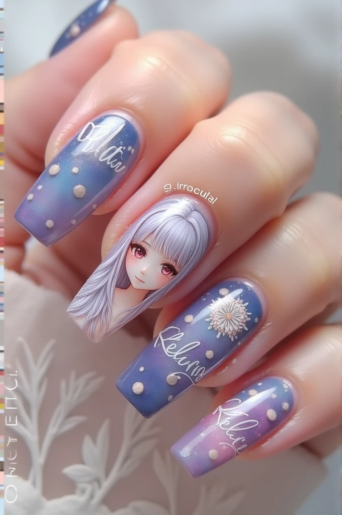 Create nail photo with an anime character with the name kelve script
