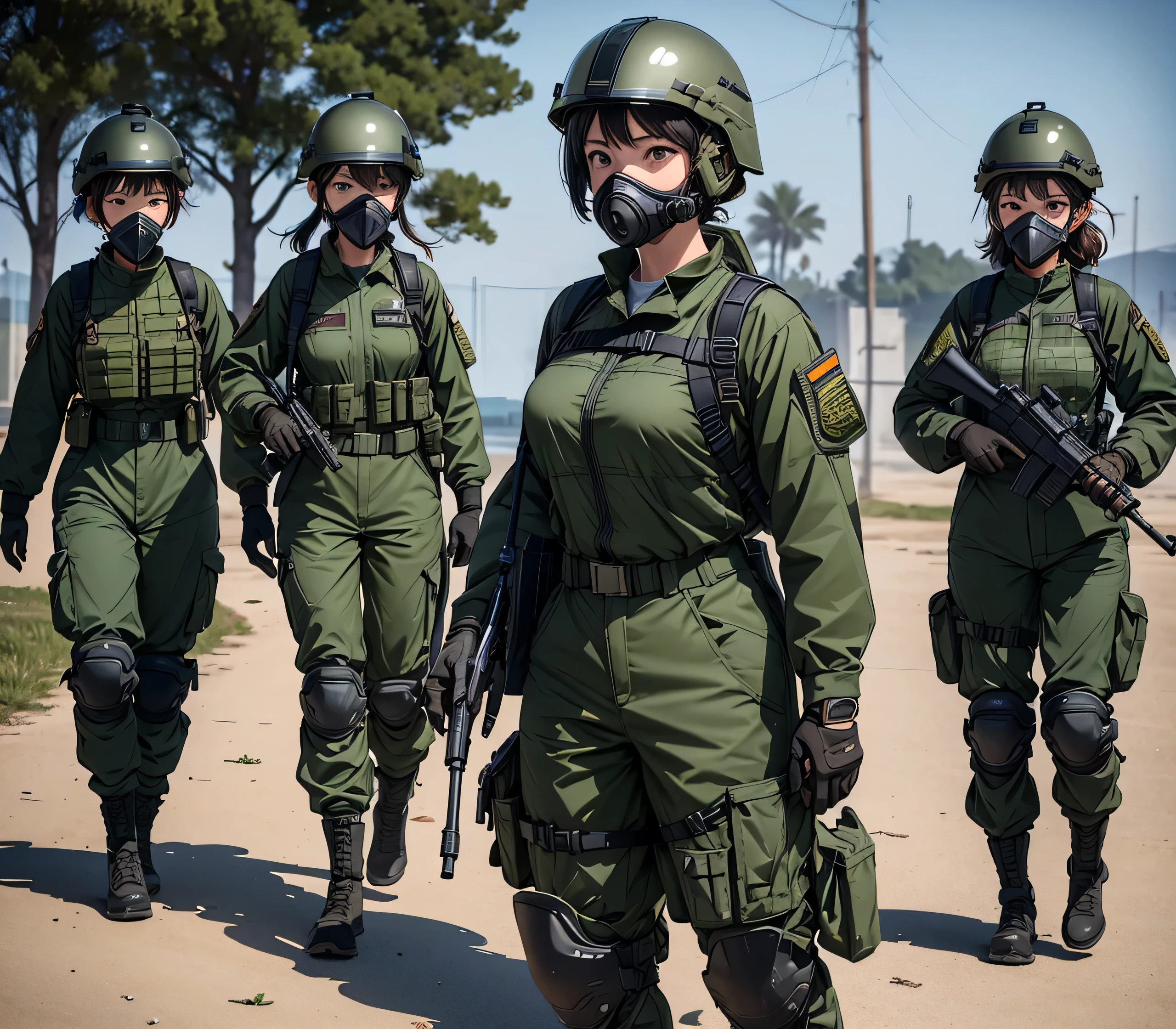 A group of female soldiers wearing dark green M-51 military uniforms、Put on a helmet、Wear goggles、wearing gas masks、Military Pants、Knee pads、jeep、Write details、masterpiece、best quality、Highly detailed CG、8K picture quality