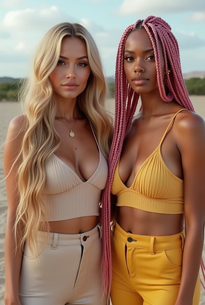 a beautiful blonde instagram model, blonde hair, her friend with long thick pink braids, full body view, big , 2 girls, outside, white girls, (best quality,4k,8k,highres,masterpiece:1.2),ultra-detailed,(realistic,photorealistic,photo-realistic:1.37),HDR,UHD,studio lighting,ultra-fine painting,sharp focus,physically-based rendering,extreme detail description,professional,vivid colors,bokeh,portraits,photography, 