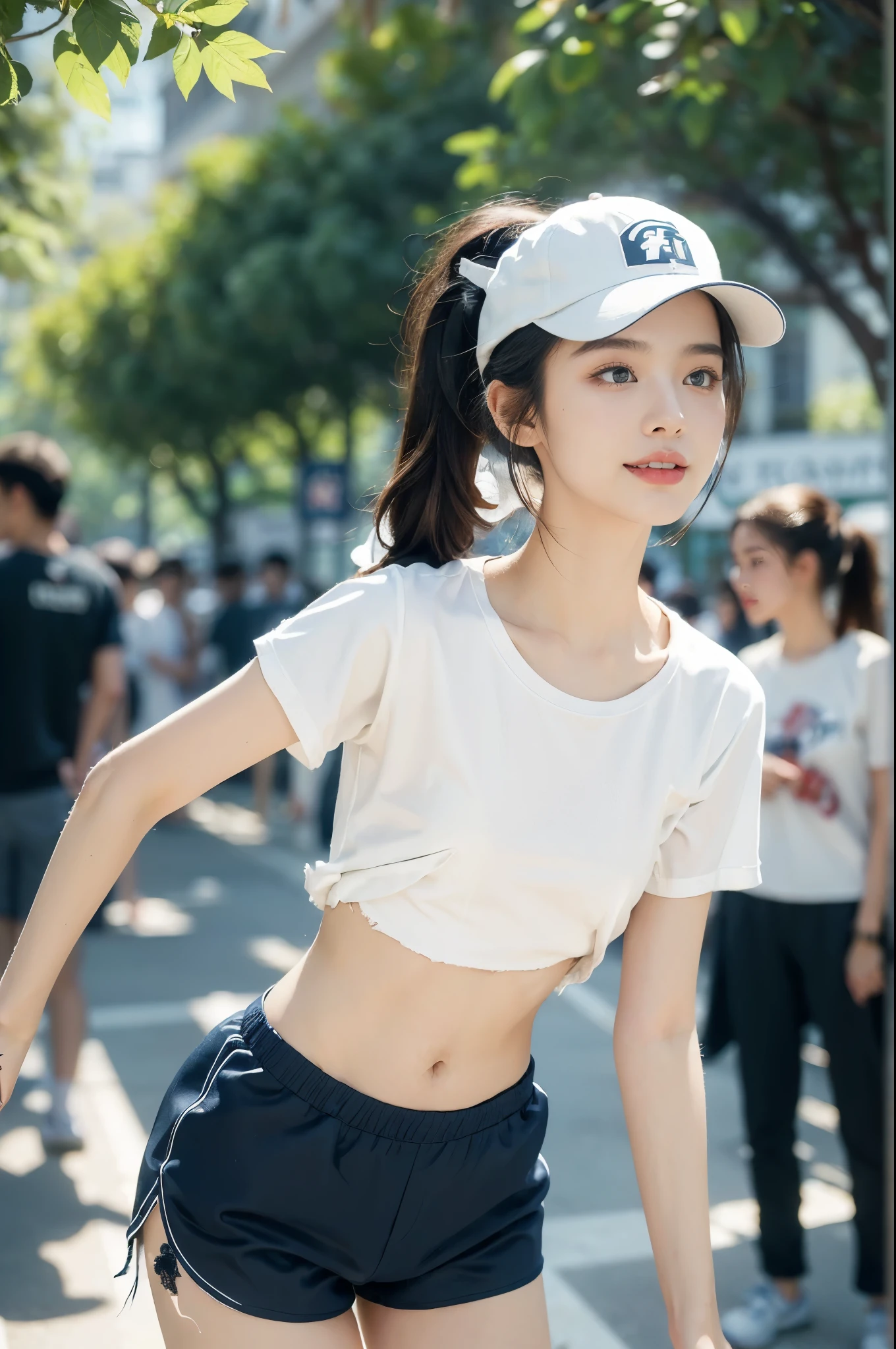 (((best quality))),(((ultra detailed))),(((masterpiece))),illustration,((1 beautiful girl,solo)),(white baseball cap:1.3),(short ponytail:1.2),((slim,thin,graceful)),((small breasts,flat chest)),(summer afternoon:1.3),(at the schoolgate:1.3),bustling,(torn white short-sleeved T-shirt:1.3),(torn navy blue gym shorts:1.3),(slender legs:1.2),(standing:1.3),(bright sunlight:1.2),radiant,breezy,casual style,youthful vitality,delicate features,young people,students,chatting,laughing,vibrant energy,serene tranquility,vibrant rays of sun,captivating atmosphere,(surrounded by crowded crowds:1.3),((from front,upper body))