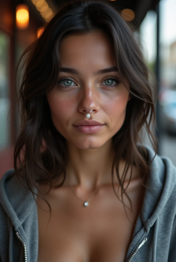 Best Quality, realistic photo, camera lighting, young teenage girls, A girl, Cute 18 yo, latina, by the cafe, beautiful face, slight smile, half naked, sweaty skin, Thick drops on his face, White drops in his mouth, realistic skin texture, skin pores, parts, detailed face, gray blue eyes, open hoodie, The loose top lets the viewer see half of her chest.., naked hairy pussy, very dark hairy pussy, evening, masturbandose