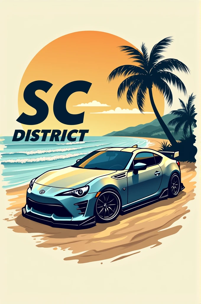 Logo for lowered cars with beach theme, written SC District and a Santa Catarina flag