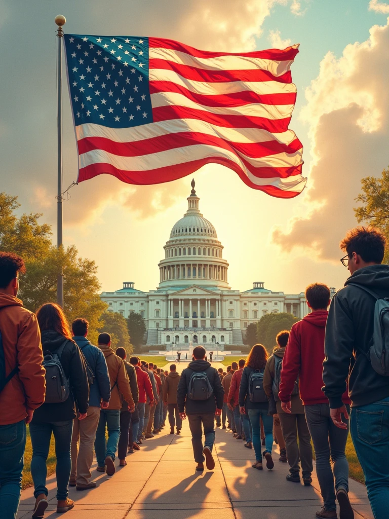 Create an inspiring image with the slogan "2024: The Year We Make History Together." Show the American flag intertwined with an image of the Capitol Building under a bright, hopeful sky. Include diverse groups of people walking toward the Capitol, united in purpose. Use warm, uplifting colors like gold, red, and blue.on white background.