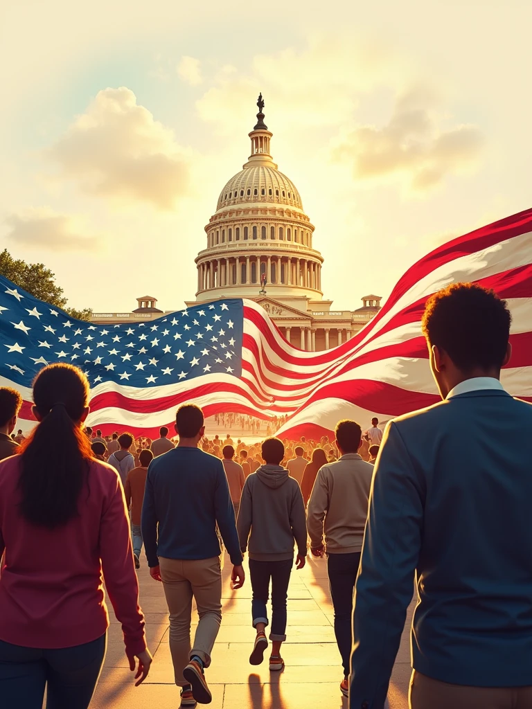 Create an inspiring image with the slogan "2024: The Year We Make History Together." Show the American flag intertwined with an image of the Capitol Building under a bright, hopeful sky. Include diverse groups of people walking toward the Capitol, united in purpose. Use warm, uplifting colors like gold, red, and blue.on white background.