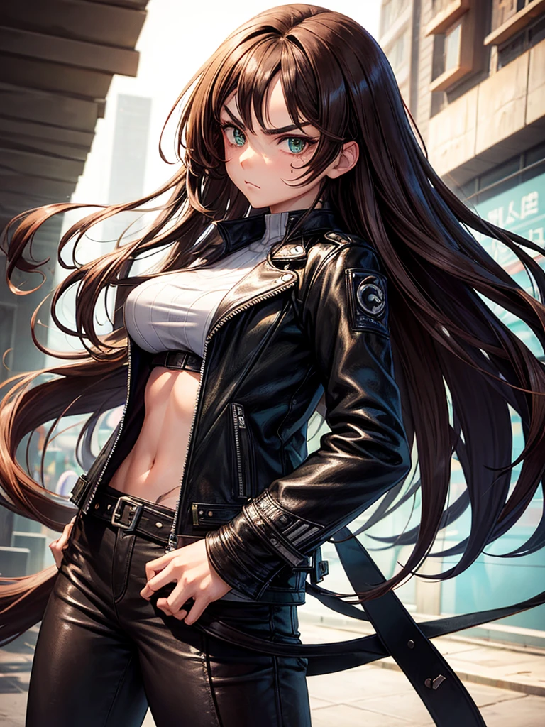 anime woman, 20 year, long hair, brown, greeneyes, indifferent face, bushy eyebrows, scar on cheek, leather jacket, hands in pockets