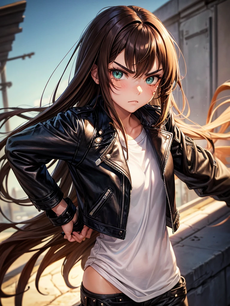 anime woman, 20 year, long hair, brown, greeneyes, indifferent face, bushy eyebrows, scar on cheek, leather jacket, hands in pockets