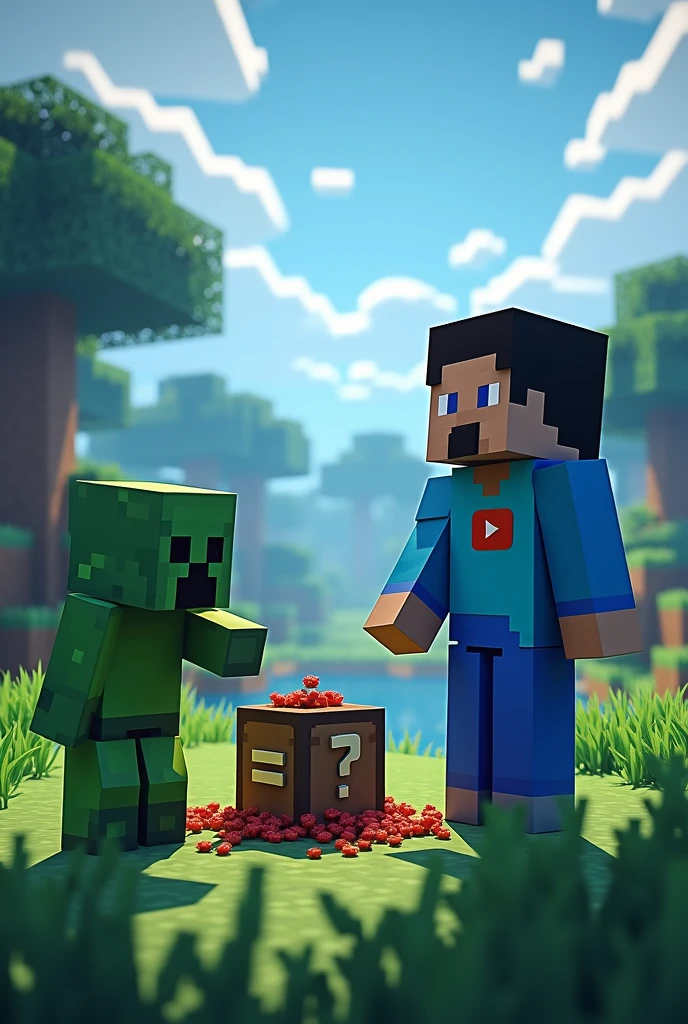 Create a picture in a beautiful Minecraft world with the shader Complementary.exe where on the right a blue skin with a YouTube symbol in young pointing to a Minecraft totem on the ground on the left is a green creeper that is between the loot a = Sign is without trees