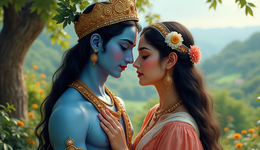 Radha Krishna love, radha in Surrey, krishna in crown and
Ski blue colour, ultra high quality ultra high colour