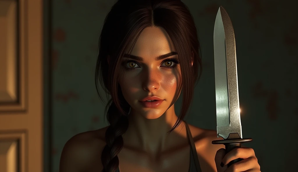 there is a woman with a knife in a room, female character, realistic restored face, ealistic shaded perfect face, female lead character, solo female character, gordon freeman as a woman, lara croft medieval, character close up, accurate detailed face, portrait ezio auditore as female, perfect human female specimen, stylization for fallout 4, photorealistic skin tone
