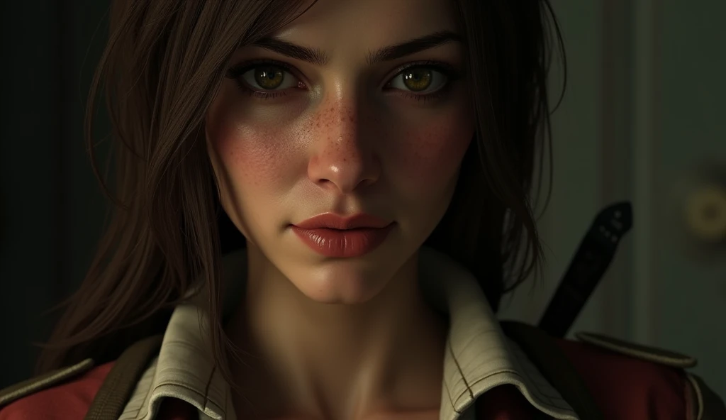 there is a woman with a knife in a room, female character, realistic restored face, ealistic shaded perfect face, female lead character, solo female character, gordon freeman as a woman, lara croft medieval, character close up, accurate detailed face, portrait ezio auditore as female, perfect human female specimen, stylization for fallout 4, photorealistic skin tone