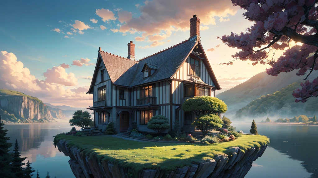 On a soaring floating island in the sky, a magnificent spectrum of colors adorns each branch of a towering tree, which stands beside a charming, quaint little house. The scene is of a fantastical nature, evoking a sense of wonder and whimsy. The vibrant hues of the foliage pop against the backdrop of the azure sky, while the intricate details of the architecture of the house are beautifully rendered. This enchanting image, whether a vivid painting or a surreal photograph, captivates with its intricate details and magical atmosphere, inviting viewers to imagine themselves lost in this otherworldly setting.