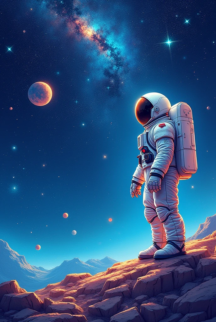 Cover for coloring book about outer space , astronaut on the right side of the image, looking left at the stars high resolution full hd effect with mix of orange and blue colors