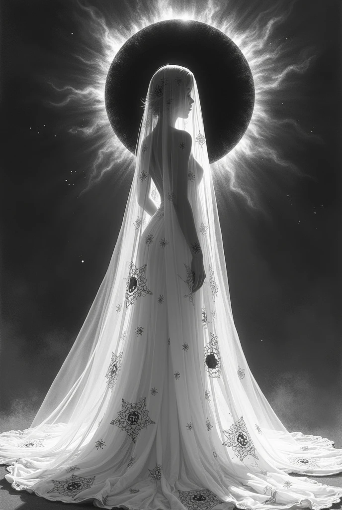 create a sketch of a woman from behind wearing a veil that covers the bride's face with a lot of volume, inspired by the solar eclipse, with embroidered designs