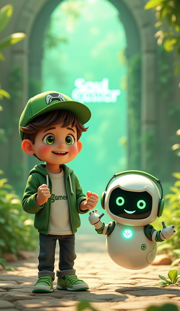 Create two characters that interact with each other. The two characters are friends through many adventures.
Character 1: Boy approximately 1 . He is tall. His facial expression is friendly and smiling., with big green eyes that convey a sense of curiosity and joy. your hair is short, brown in color and slightly disheveled, visible under the CAP. His cap is green and has a Playstation 5 controller printed on the front.. He wears a white T-shirt under a hooded jacket and matching cap.. The jacket has the word "Soulgamer" written visibly at chest height. He wears loose black pants that fit comfortably over green sneakers that match his jacket and cap., with white shoelaces tied tightly. Character 1 is standing with the fist of one of his hands clenched while the fist of his other hand is raised as if he is celebrating..
Character 2: Medium-sized robot mascot with ghost-like appearance. Resembling a drop. On his hands he has five well-defined fingers. His facial expression has large, green eyes with a glow, conveying a friendly and cheerful expression. He has a small open mouth with a happy smile and flushed cheeks.. Its body is white with small green details and a smooth, slightly shiny texture.. He has a headset on his head with an adjustable microphone positioned close to his mouth.. And on his chest you can see the illuminated shape of a Playstation 5 controller in fluorescent green.. It floats in the air, as if he were ready for an adventure.
The scene consists of a stone road with plants on the side and behind the characters you can see a portal where the word is written "Soul Gamer"