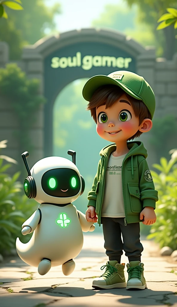 Create two characters that interact with each other. The two characters are friends through many adventures. 
Character 1: Boy approximately 1 . He is tall. His facial expression is friendly and smiling., with big green eyes that convey a sense of curiosity and joy. your hair is short, brown in color and slightly disheveled, visible under the CAP. His cap is green and has a Playstation 5 controller printed on the front.. He wears a white T-shirt under a hooded jacket and matching cap.. The jacket has the word "Soulgamer" written visibly at chest height. He wears loose black pants that fit comfortably over green sneakers that match his jacket and cap., with white shoelaces tied tightly. Character 1 is standing with the fist of one of his hands clenched while the fist of his other hand is raised as if he is celebrating.. 
Character 2: Medium-sized robot mascot with ghost-like appearance. Resembling a drop. On his hands he has five well-defined fingers. His facial expression has large, green eyes with a glow, conveying a friendly and cheerful expression. He has a small open mouth with a happy smile and flushed cheeks.. Its body is white with small green details and a smooth, slightly shiny texture.. He has a headset on his head with an adjustable microphone positioned close to his mouth.. And on his chest you can see the illuminated shape of a Playstation 5 controller in fluorescent green.. It floats in the air, as if he were ready for an adventure. 
The scene consists of a stone road with plants on the side and behind the characters you can see a portal where the word is written "Soul Gamer"