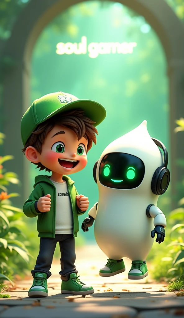 Create two characters that interact with each other. The two characters are friends through many adventures.
Character 1: Boy approximately 1 . He is tall. His facial expression is friendly and smiling., with big green eyes that convey a sense of curiosity and joy. your hair is short, brown in color and slightly disheveled, visible under the CAP. His cap is green and has a Playstation 5 controller printed on the front.. He wears a white T-shirt under a hooded jacket and matching cap.. The jacket has the word "Soulgamer" written visibly at chest height. He wears loose black pants that fit comfortably over green sneakers that match his jacket and cap., with white shoelaces tied tightly. Character 1 is standing with the fist of one of his hands clenched while the fist of his other hand is raised as if he is celebrating..
Character 2: Medium-sized robot mascot with ghost-like appearance. Resembling a drop. On his hands he has five well-defined fingers. His facial expression has large, green eyes with a glow, conveying a friendly and cheerful expression. He has a small open mouth with a happy smile and flushed cheeks.. Its body is white with small green details and a smooth, slightly shiny texture.. He has a headset on his head with an adjustable microphone positioned close to his mouth.. And on his chest you can see the illuminated shape of a Playstation 5 controller in fluorescent green.. It floats in the air, as if he were ready for an adventure.
The scene consists of a stone road with plants on the side and behind the characters you can see a portal where the word is written "Soul Gamer"
