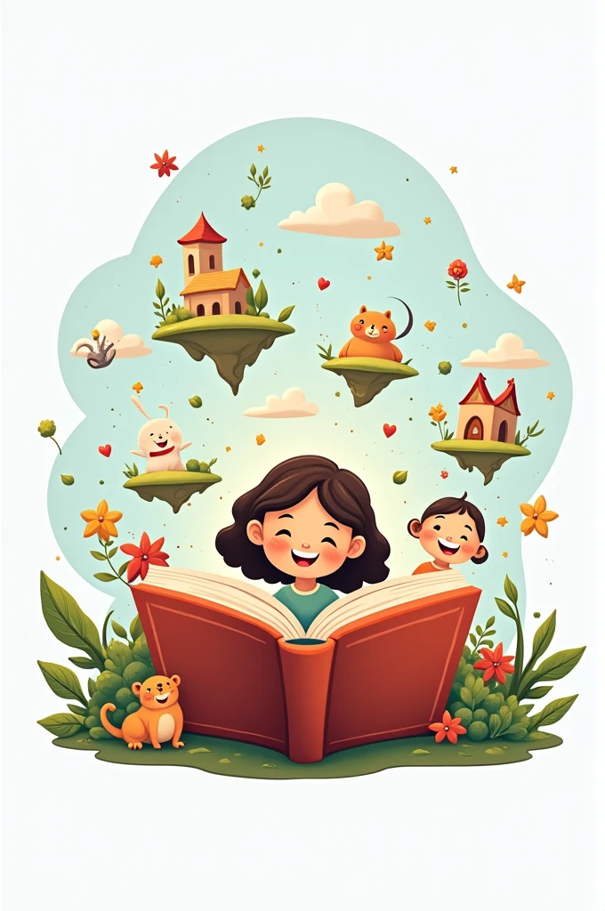 Create me a logo of an open book from which images of fairy tales and fantasy emerge and behind the book there is a mother with her , the style must be very cartoon-like, e non deve fare paura perche è per bimbi, there must be lots of colors and lots of cute things and then as a title "I'll tell you a story"
