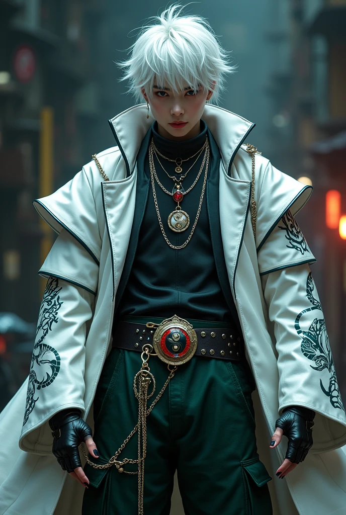 Male age 35, asian, white hair visual kei, wisdom sight, white armor, armor white tiger desing, a belt with red ying yang crystal, dark green leather matrix gabardine, dark green cargo, chains around the belt, leather boots with chain pins, cyberpunk japanese style, athletic strongest, magic powers, action, black cat nails, crazy pose, dark night backgroud