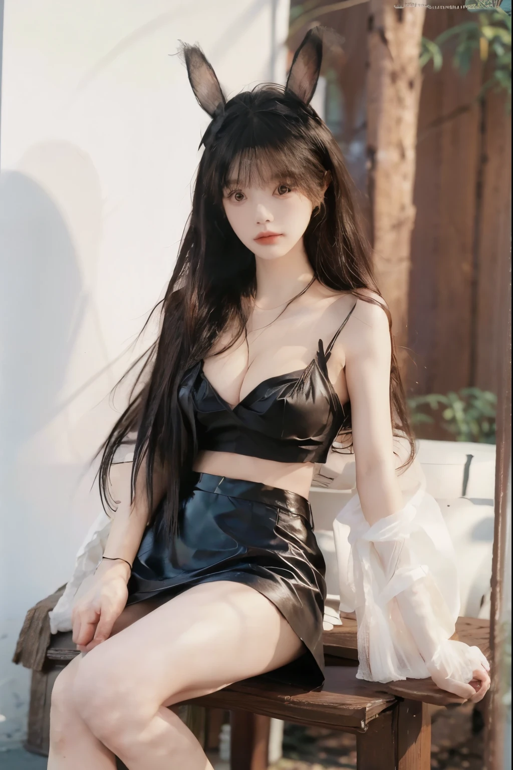 Beautiful woman with perfect body：1.4，Prominent cleavage，Layered Hairstyle，Highly detailed face and skin textures，Double eyelids，Skin Whitening，Long hair，Whitened long legs，（Rabbit ears、Black tube top、Black leather skirt）