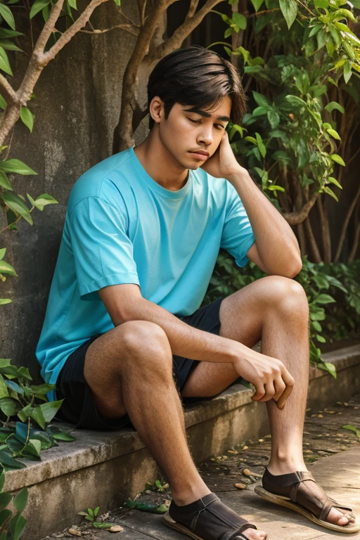 Create 4k Wallpaper for laptop, a sad boy sitting under a jasmine tree 