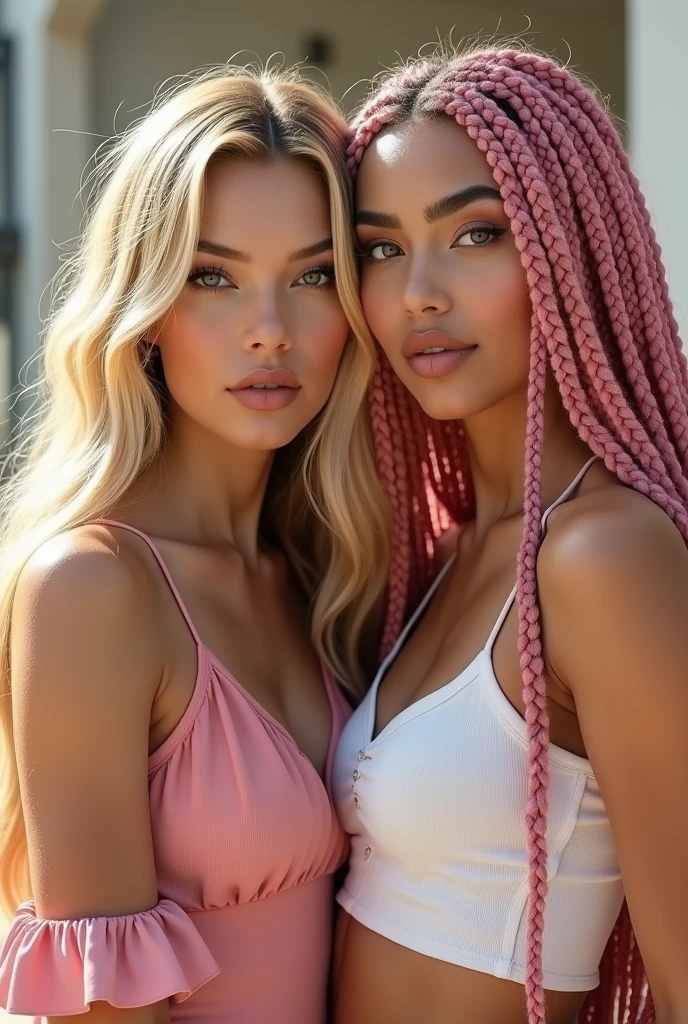 a beautiful blonde instagram model, blonde hair, her friend with long thick pink braids, full body view, big boobs, 2 girls, outside, white girls, (best quality,4k,8k,highres,masterpiece:1.2),ultra-detailed,(realistic,photorealistic,photo-realistic:1.37),HDR,UHD,studio lighting,ultra-fine painting,sharp focus,physically-based rendering,extreme detail description,professional,vivid colors,bokeh,portraits,photography, full body view, white girls