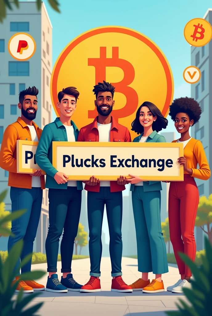 Creat like 5 people standing with the name written PLUCKS EXCHANGE and add PayPal logo, bitcoin logo,Venmo logo.make bitcoin logo to be in background with large size.make them hold the board written PLUCKS EXCHANGE please please