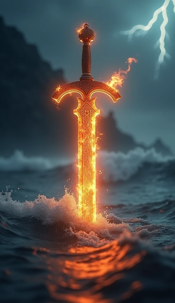 A blurred flaming islamic sword the background is dark and mysterious stormy sea