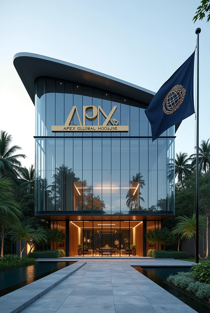 A company headquarters with,
The image showcases a modern building with distinct Singaporean architectural elements. The building features sleek glass facades, clean lines, and an elegant, minimalist design that reflects a blend of modernity and traditional Southeast Asian influences. The structure rises several stories high, with a curved roof inspired by the traditional "Minangkabau" style, slightly flaring at the edges.
At the top of the building, prominently displayed is a large sign that reads "APEX GLOBAL HOLDINGS EMBASSY" in bold, metallic letters, illuminated subtly for a sophisticated look. The lettering is centered above the main entrance, which is framed by two large, polished stone pillars.
The building is surrounded by a lush, well-manicured compound, featuring a variety of tropical plants, palm trees, and a koi pond that reflects the building's modern yet organic design. A wide, stone pathway leads to the entrance, bordered by low, neatly trimmed hedges.
Flag Description:
A flagpole stands to the right of the main entrance, positioned near the koi pond. The flag of Apex Global Holdings is flying atop it, featuring a deep navy blue background with a golden emblem at the center. The emblem is a globe encircled by olive branches, symbolizing peace and global reach, with the letters "AGH" elegantly inscribed at the bottom of the globe in a bold, modern font. The flag waves gently in the breeze, adding a sense of dignity and prestige to the setting.
The entire scene is set against a clear blue sky, with the building’s glass facade reflecting the natural surroundings, enhancing the serene and prestigious ambiance of the compound