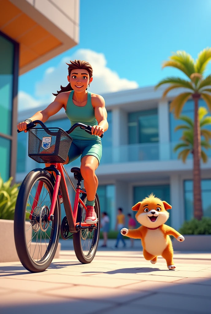 The exterior of a gym, with Max parking the bike and Mimi hopping out of the basket excitedly.