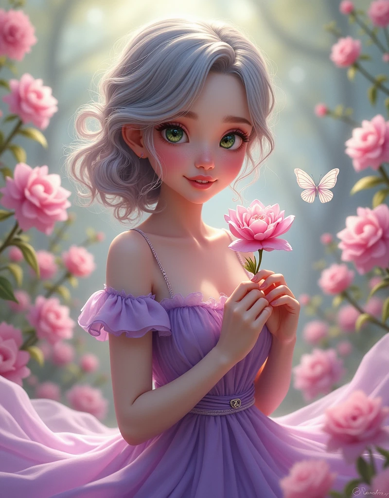 (Highest quality:1.2), Beautiful, Cute detail, Realism, 4K, , facial detailing, large green eyes, Plump lips, Upturned nose, Gray hair on pink hair, Wearing a Purple dress, flower 🌸 in his hands,, The girl is Dancing 🎶 ((happy)), Flowers in the background, White butterfly in the foreground, Realistic shooting, depth of fields, Soft front light, Glow, nffsw (PastelColors: 1.2), Canon RF 100mm f2.8L 宏 IS USM