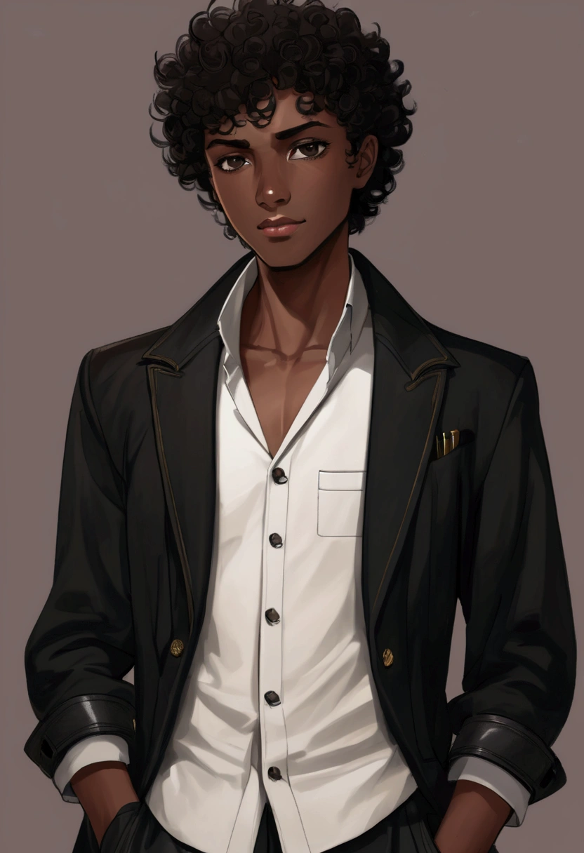 ((Solo portrait)),(boy1),((Dark skin color:1.5)),(1 ager),(height1, 85cm),(average physical body of a teen),(mixed face shape with a thick flat nose plus a little thin and a big mouth plus a little thin),((short black curly curly hair)),(Tall body),((Image of a solo boy)),(Wearing),+,(a stylish black emperor pants made of cotton decido with sisa tones and two leather boots on the feet with lines of another and a black blouse with sleeves that go to the landing in the emperor style with a black overcoat)