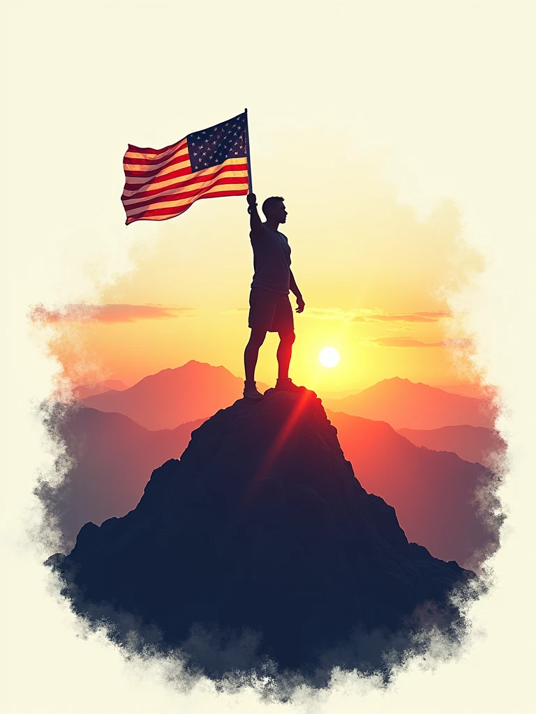 Design an image with the slogan "Be the Change—Cast Your Vote." Show a single, strong figure holding a small American flag, standing on a mountain peak with a sunrise in the background. The image should evoke a sense of strength and responsibility, with earthy tones mixed with the bright red, white, and blue of the flag.on white background.