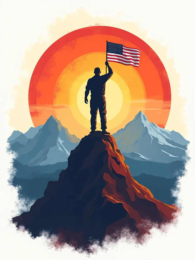 Design an image with the slogan "Be the Change—Cast Your Vote." Show a single, strong figure holding a small American flag, standing on a mountain peak with a sunrise in the background. The image should evoke a sense of strength and responsibility, with earthy tones mixed with the bright red, white, and blue of the flag.on white background.