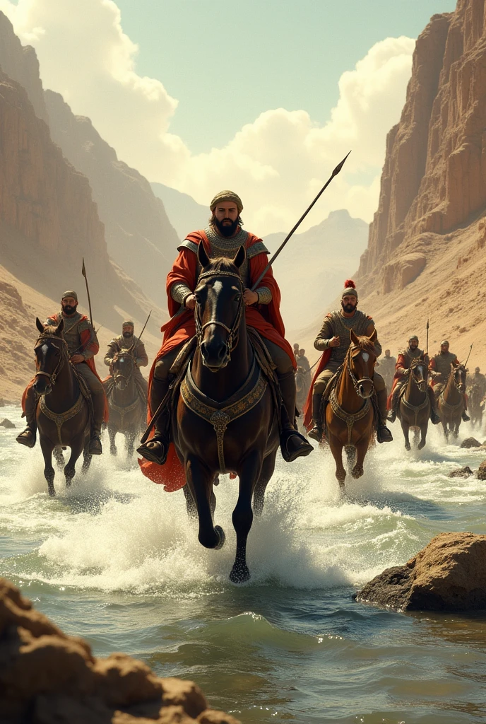 Muhammad Ghori Crossing the Indus: "Show Muhammad Ghori and his army crossing the Indus River. His cavalry moves steadily through the river, while Ghori, on a horse at the front, looks determined towards Multan in the distance. The landscape is arid, with dry mountains framing the scene."