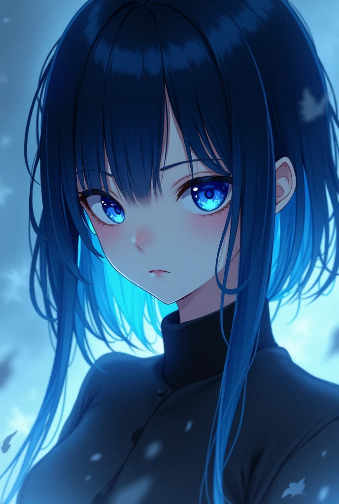 A girl with deep blue hair that ends in white tips, This girl stands out for her unique and ethereal appearance. his eyes, one black and the other bright blue, They reflect an enigmatic duality that accentuates their mysterious air.. Your skin, of an almost translucent white, further highlights the intensity of its features. Her presence combines delicate beauty with a supernatural touch., suggesting special abilities and a deep personal history in the universe of "Kimetsu no yaiba". Her style and aura convey both strength and intrigue., promising a fascinating mix of power and mystery.