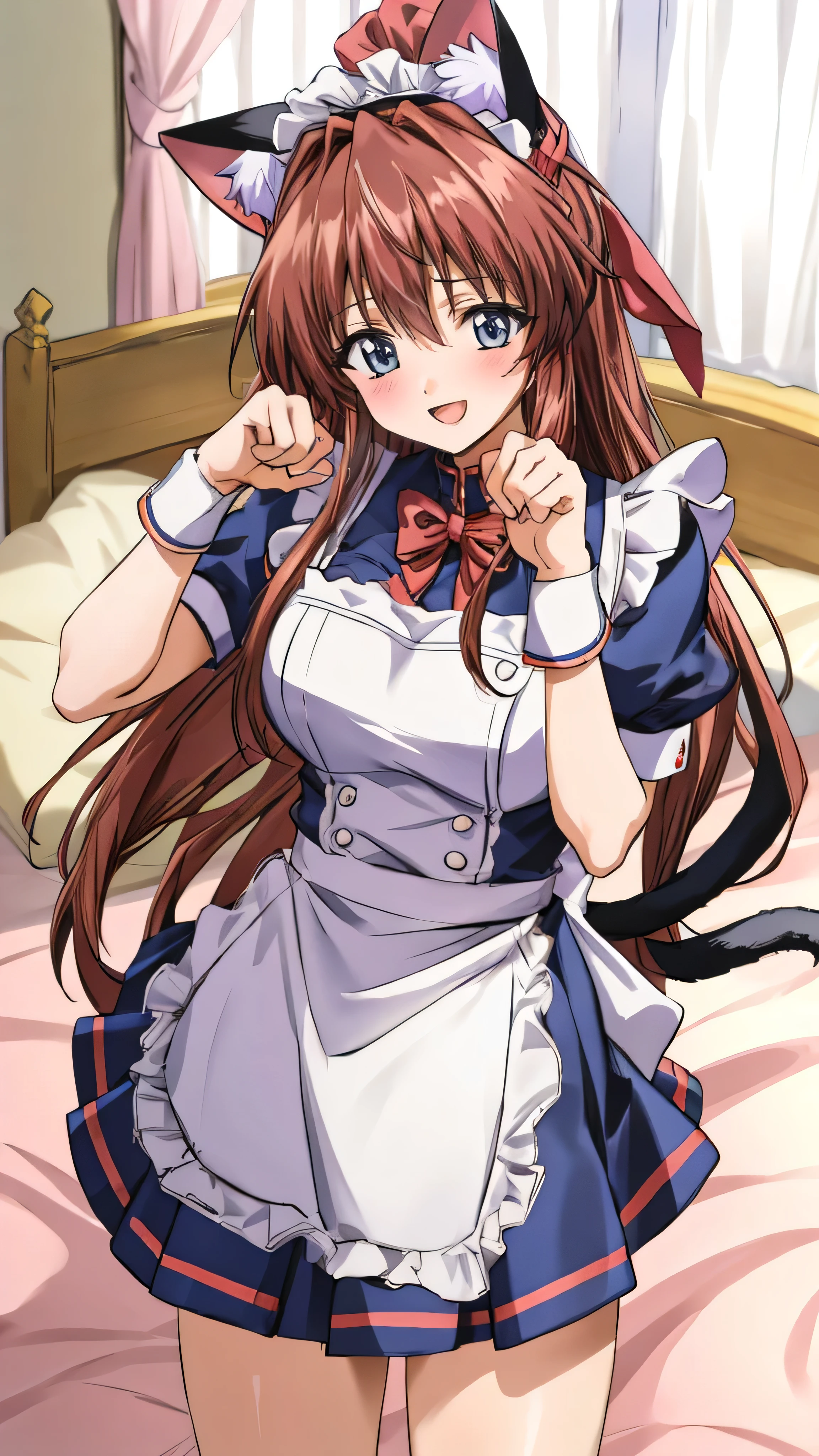 (Anime artwork, Anime Style, Studio Anime, Very detailed, Latest, Vibrant, Anime Coloring Book, High Contrast, masterpiece:1.2, Highest quality, Best aesthetics), (Beautiful and detailed:1.2), Aoikan, 1 person, blush, (maid headdress, cat ears, maid uniform), Cute Smile Open your mouth On the bed, (paw pose:1.3), Pink Good, From above, No pants,Two Arms,