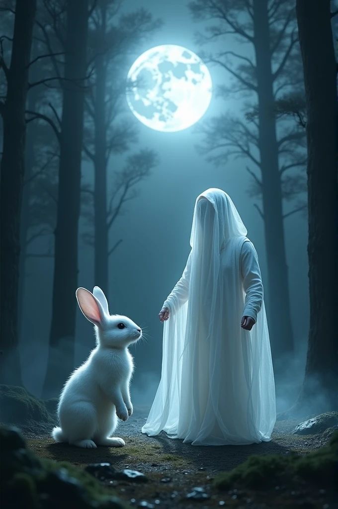 A white rabbit see a white clothes rad face ghost under the tree in the full moon night