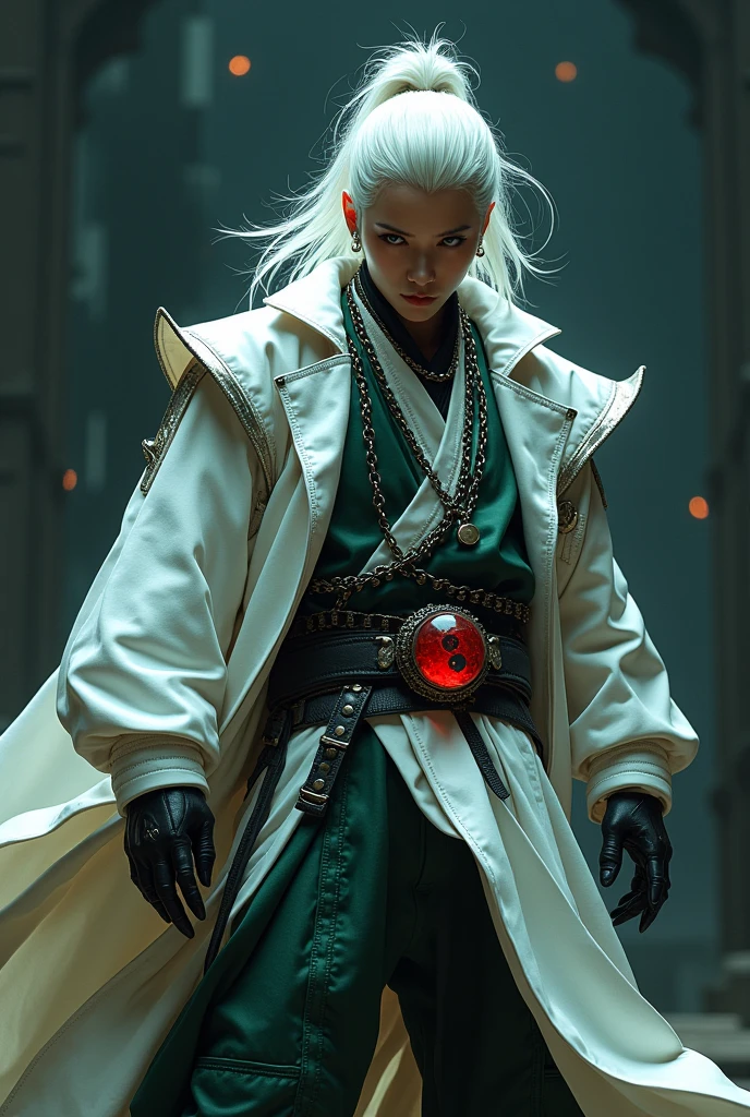 Male age 35, asian, white hair visual kei, wisdom sight, white armor, armor white tiger, a belt with red ying yang crystal, dark green leather matrix gabardine, dark green cargo, chains around the belt, leather boots with chain pins, cyberpunk japanese style, athletic strongest, magic powers, action, black cat nails, crazy pose, dark night backgroud