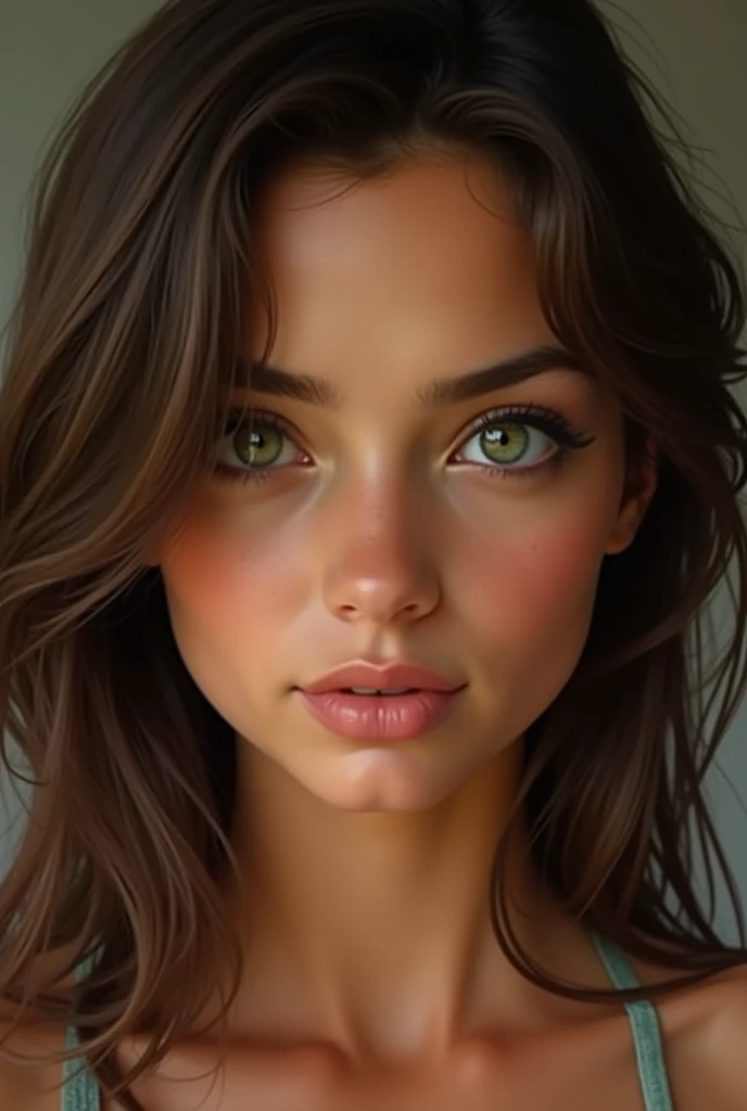 tanned brunette face green eyes realistic