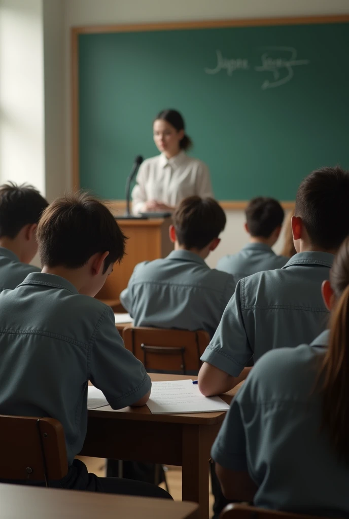 In the style of real movies,Exam in the classroom,Students sit at desks with their backs to the camera and answer questions seriously,Podium,blackboard
